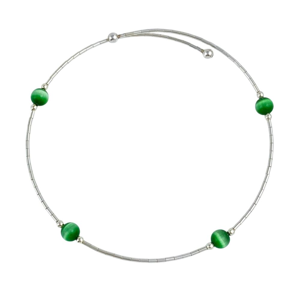Vintage Sterling Silver 925 Green Cat’s Eye Memory Wire Bracelet | 8” Adjustable